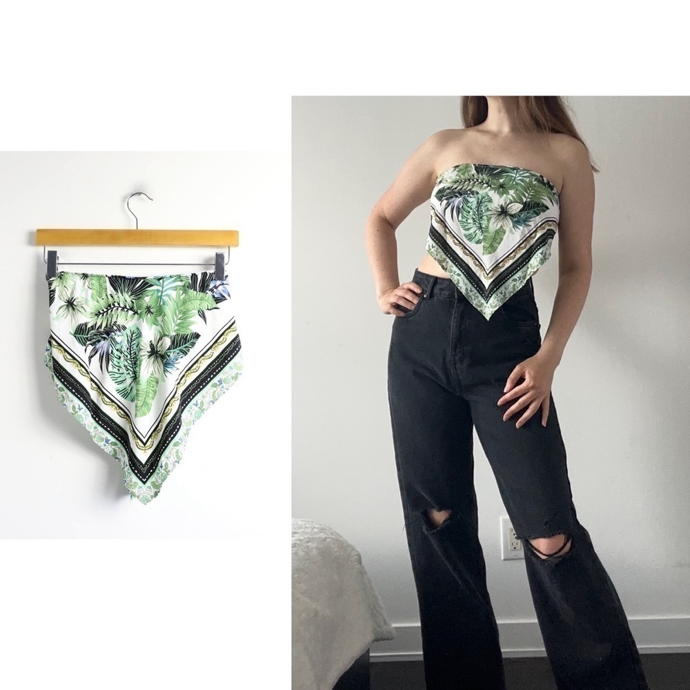 NWOT Shein scarf print cropped wrap top green white M medium adjustable boho